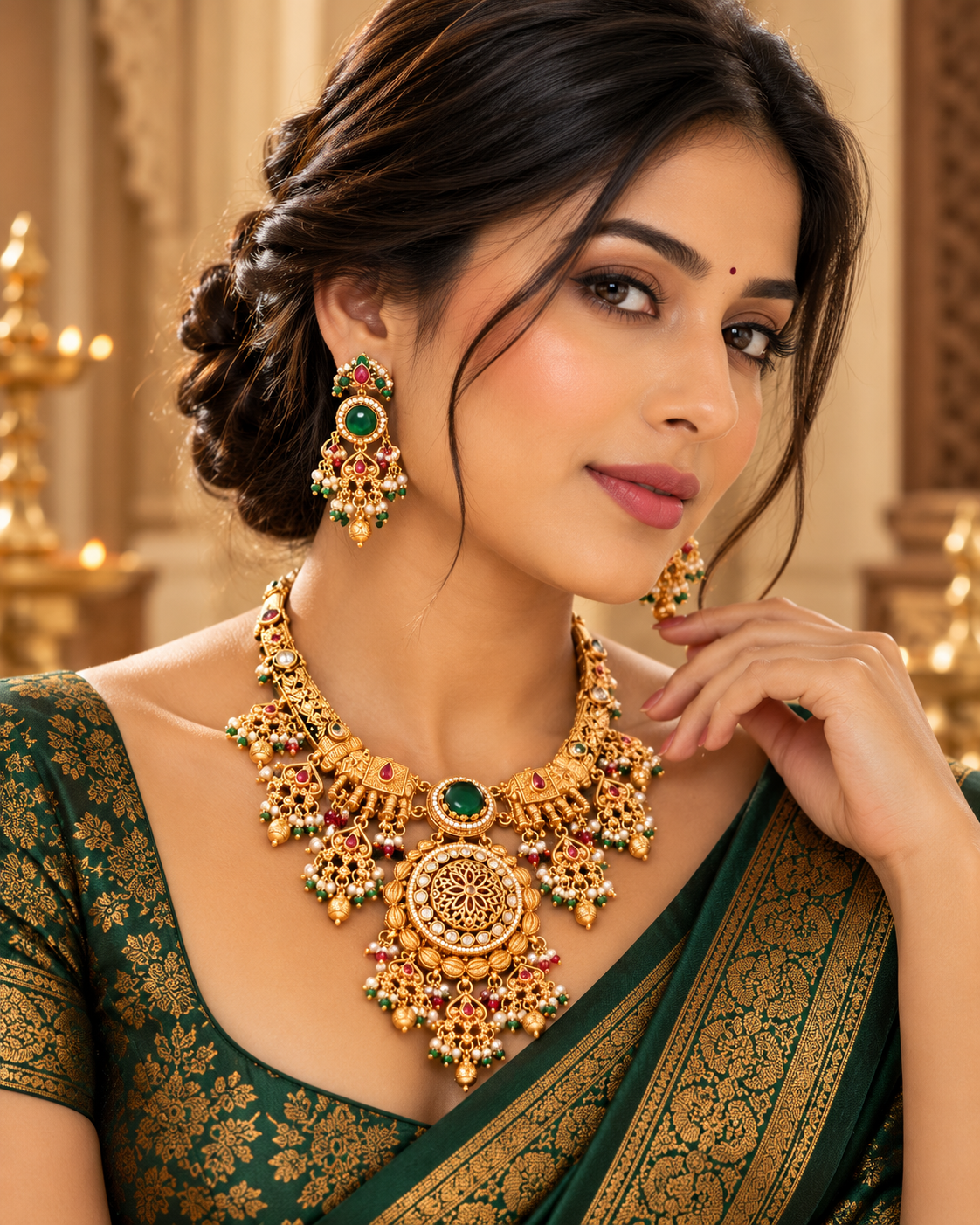 Emerald Heritage Antique Gold Temple Necklace Set - 06