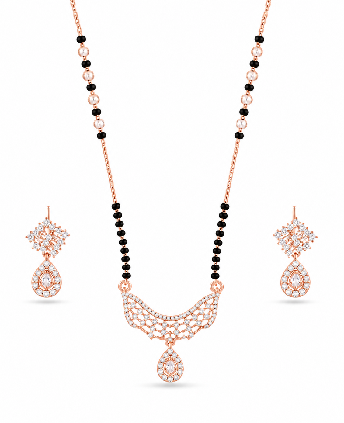 Rose Gold Floral Drop Mangalsutra Set with Earrings