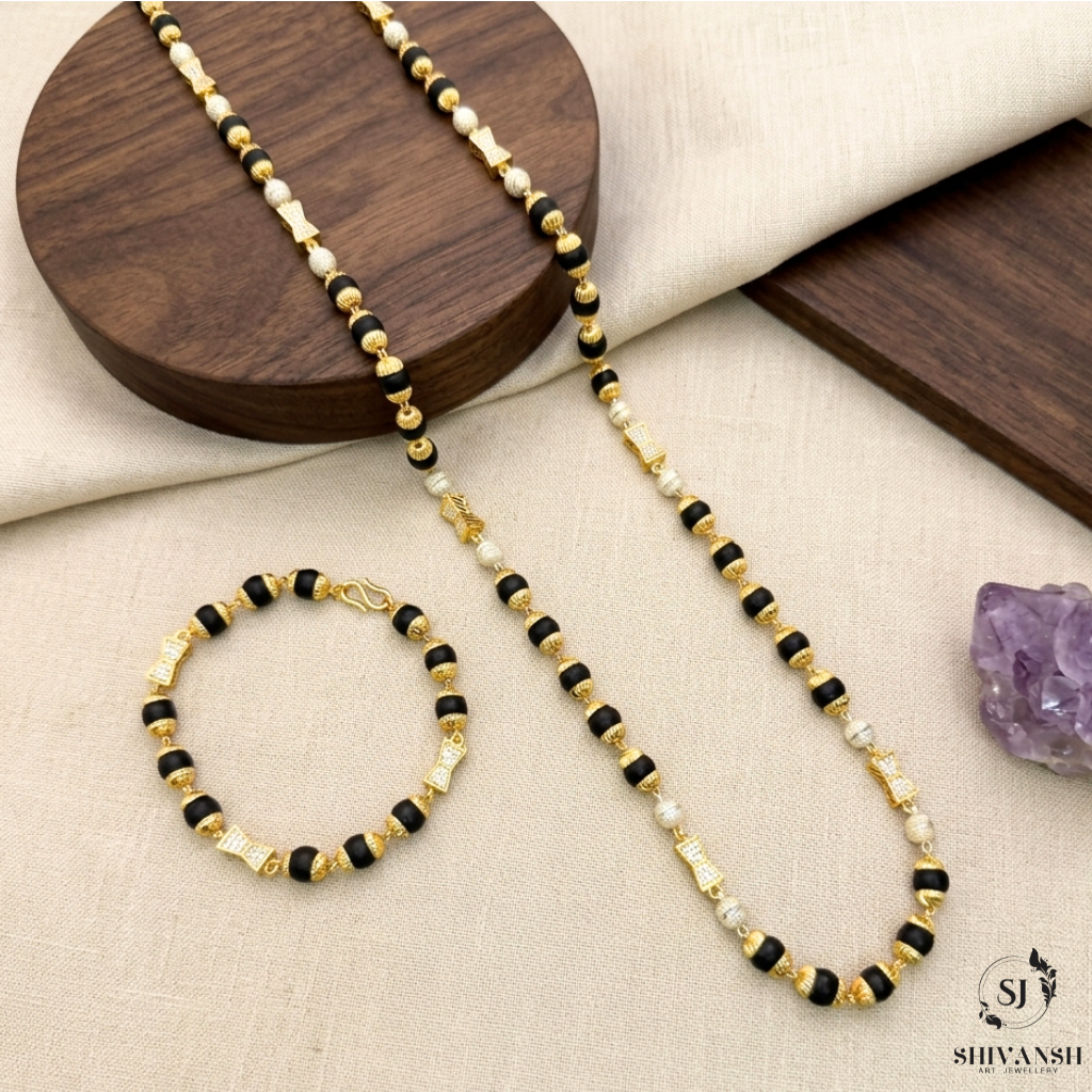 Gold Plated Diamond Beads Karungali Mala + Karungali Bracelet Combo MB-02