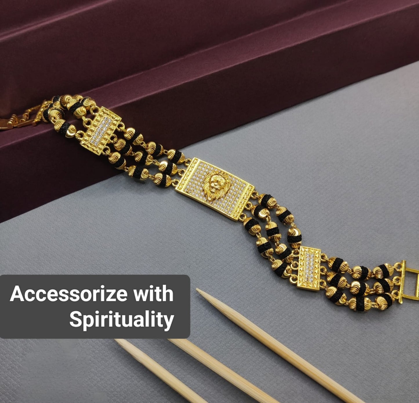 Gold Plated Three line Lion Rudraksha Bracelet SJ-BR-22 Shivansh art Jewellery