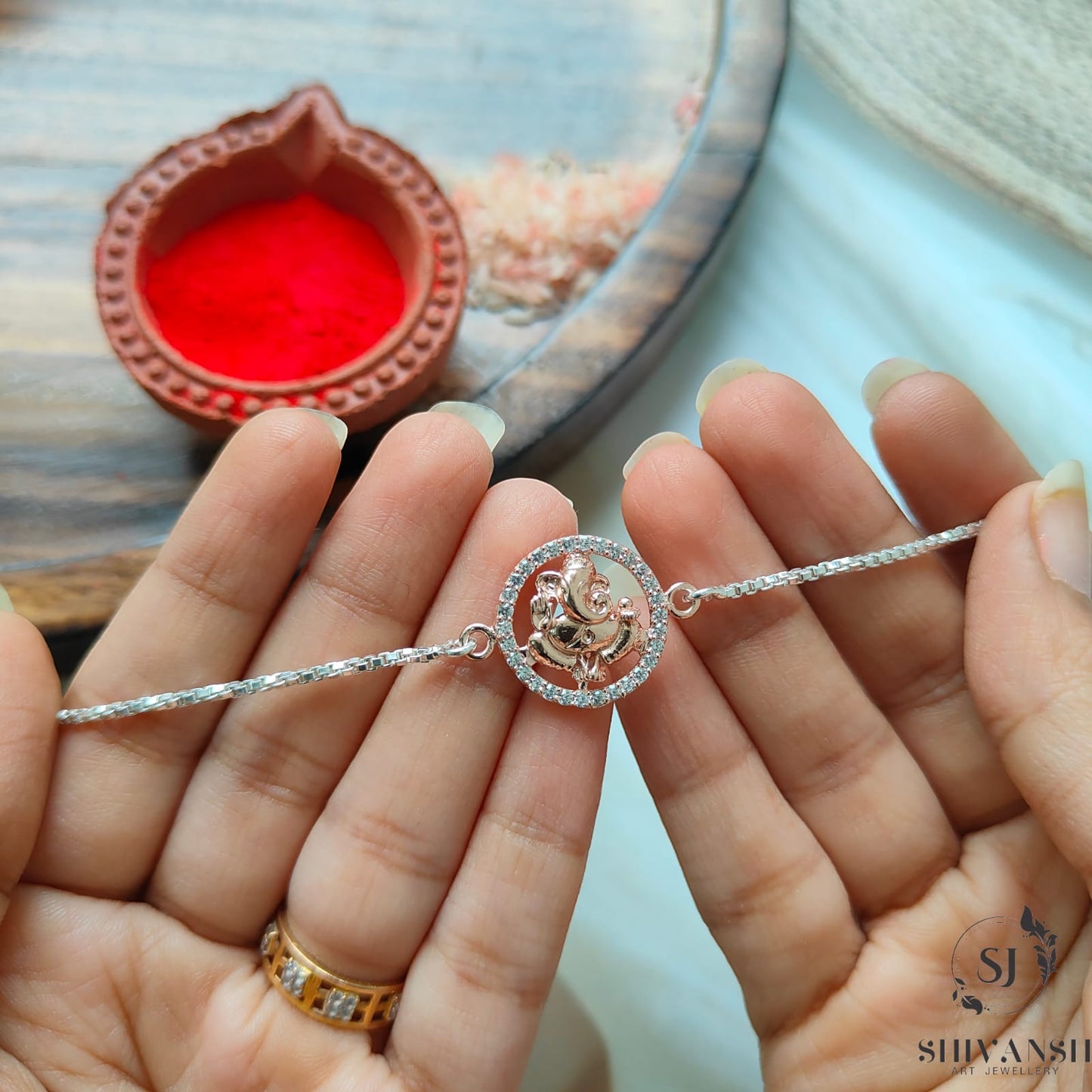 92.5 Sterling Silver Diamond Ring Ganpati Rakhi