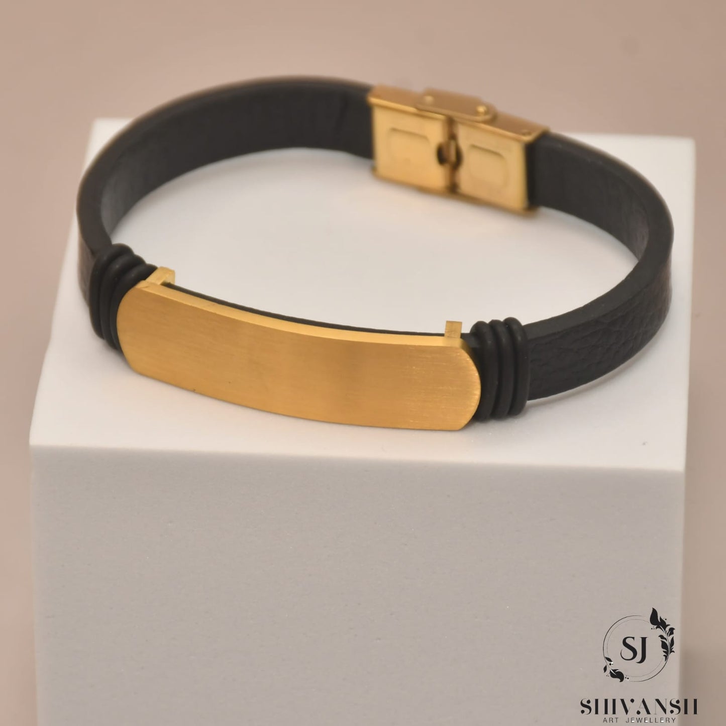 Men’s Black Leather Bracelet with Gold Plate