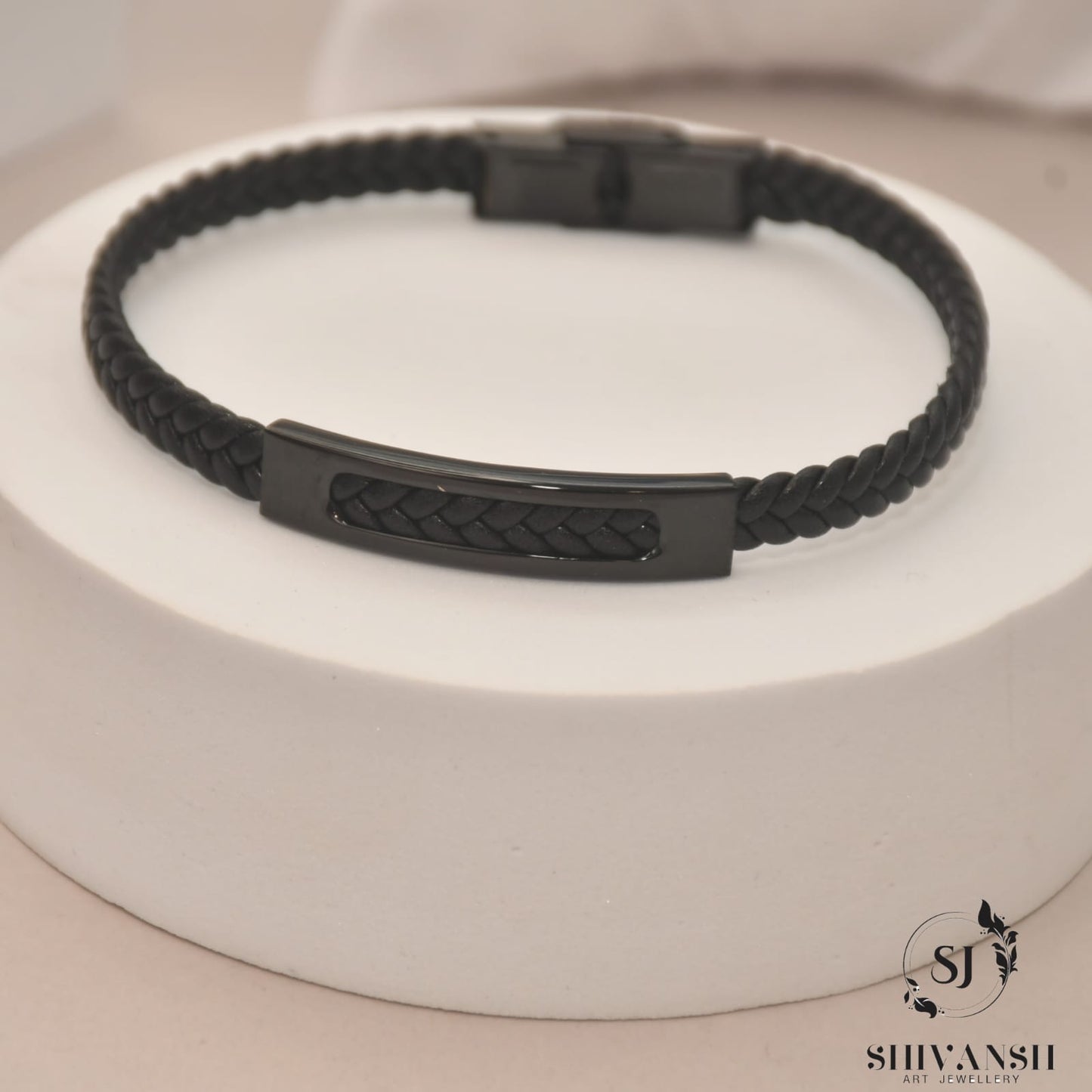 Men’s Black Braided Leather Bracelet with Matte Black Plate