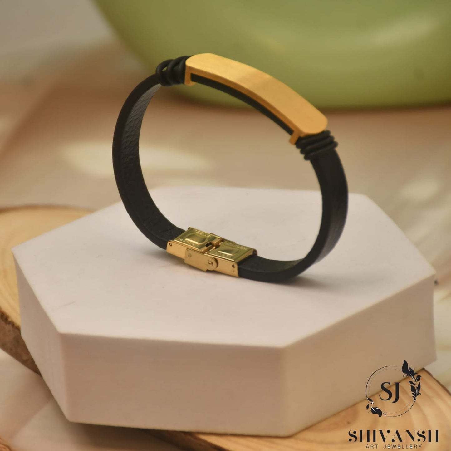 Men’s Black Leather Bracelet with Gold Plate