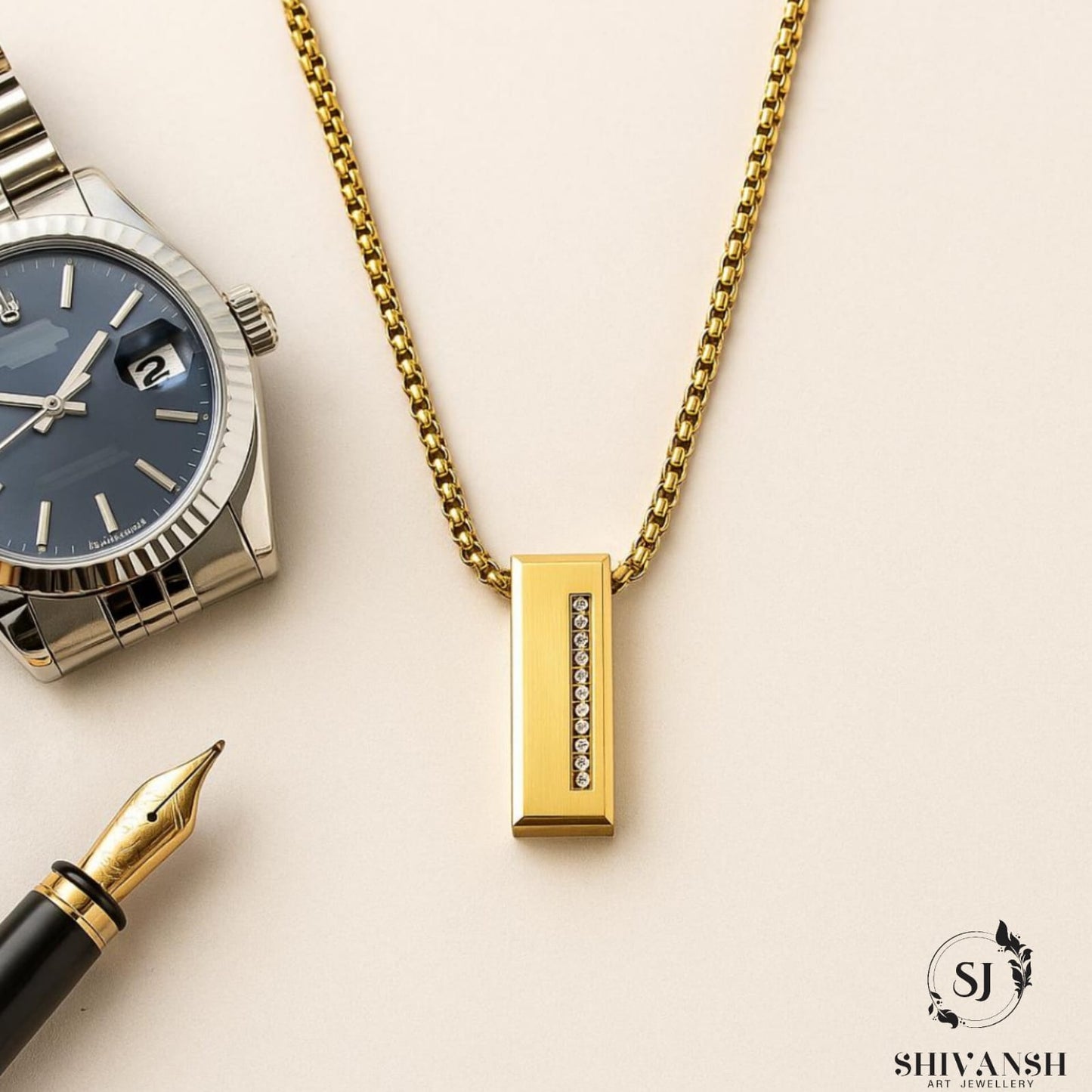 Men’s Gold Plated Box Chain with Rectangular Pendant