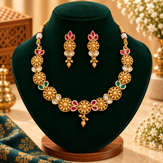 Floral Antique Gold Necklace Set