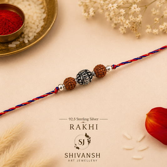 92.5 Sterling Silver Oxidised Ram Ball Rudraksha Rakhi