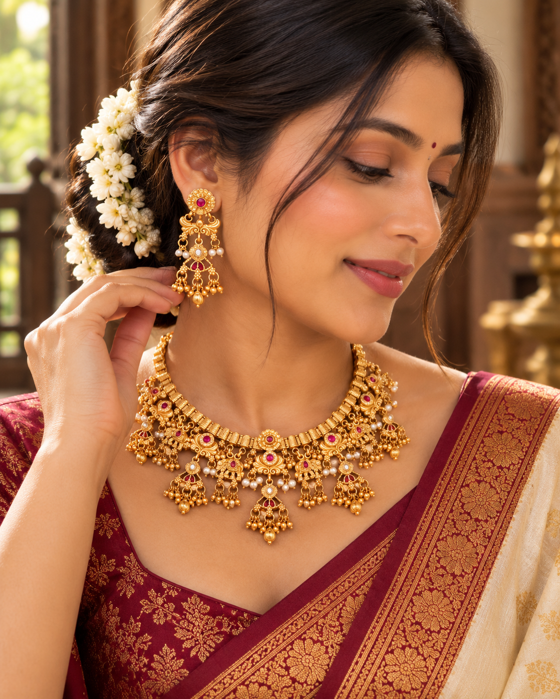 Royal Antique Gold Temple Necklace Set with Jhumka Earrings-02