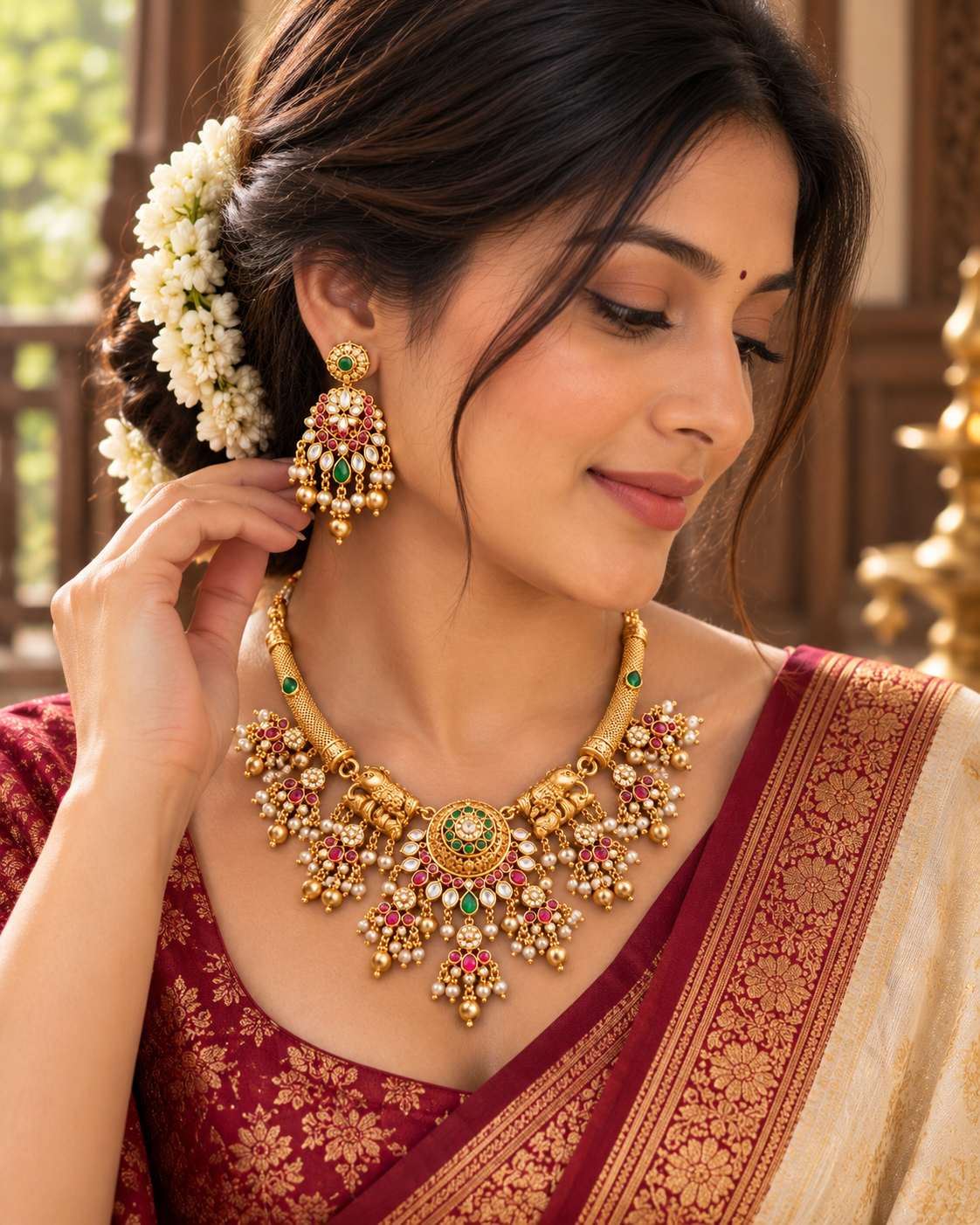 Antique Gold Temple Necklace Set with Ruby & Emerald Stones-03