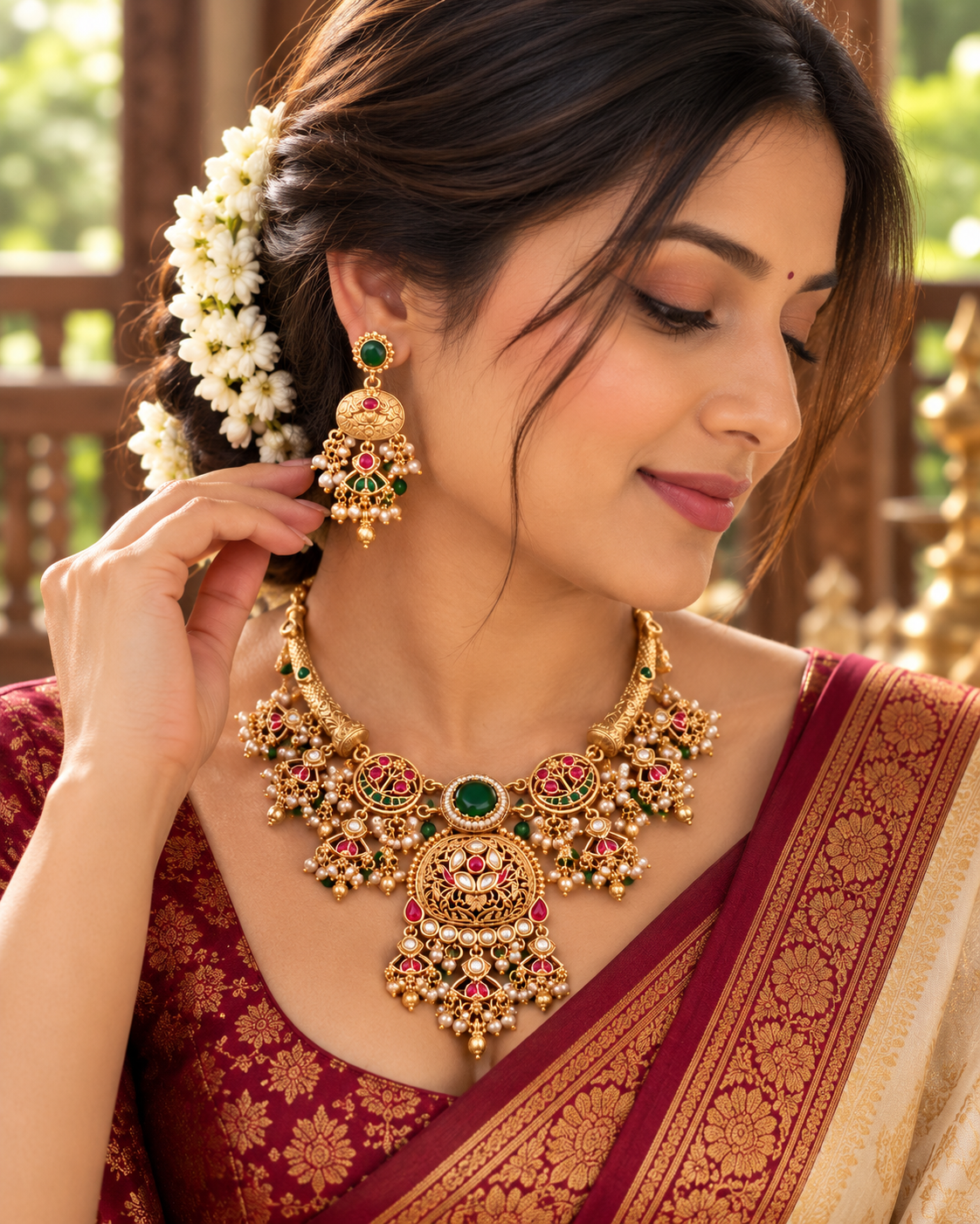 Emerald Royal Temple Gold Necklace Set-04