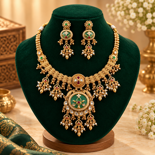 Emerald Royale Antique Gold Temple Necklace Set with Pearl Drops - 05
