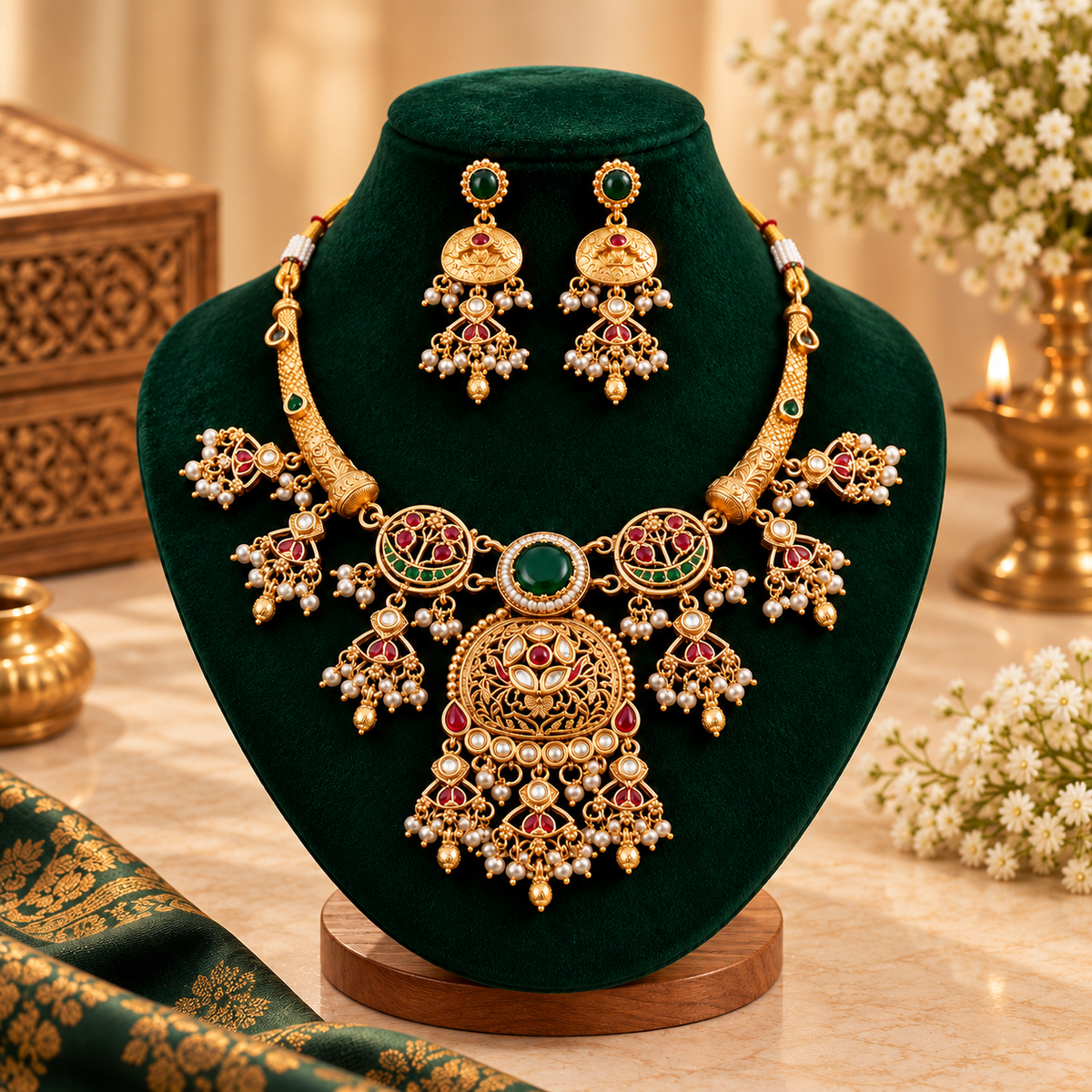 Emerald Royal Temple Gold Necklace Set-04