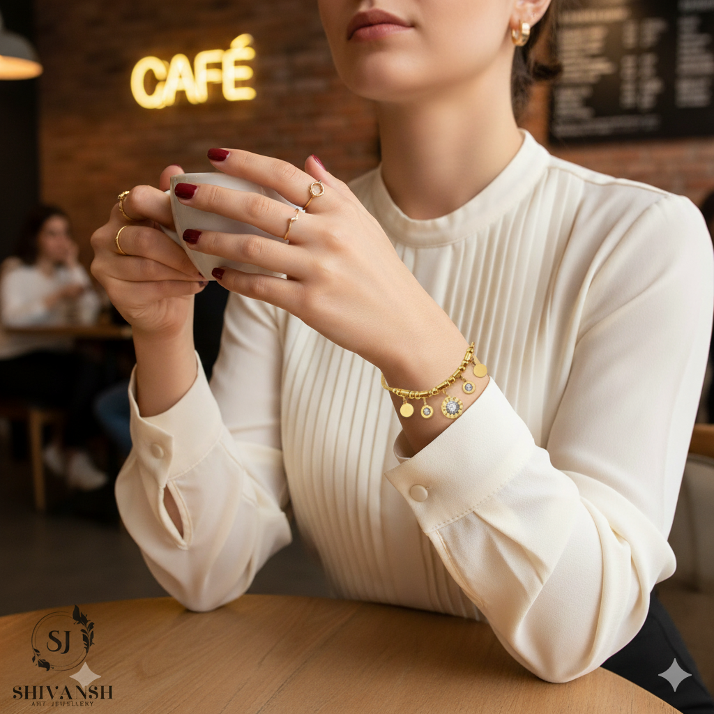 GOLD DANGLE CHARM BRACELET WITH CRYSTALS