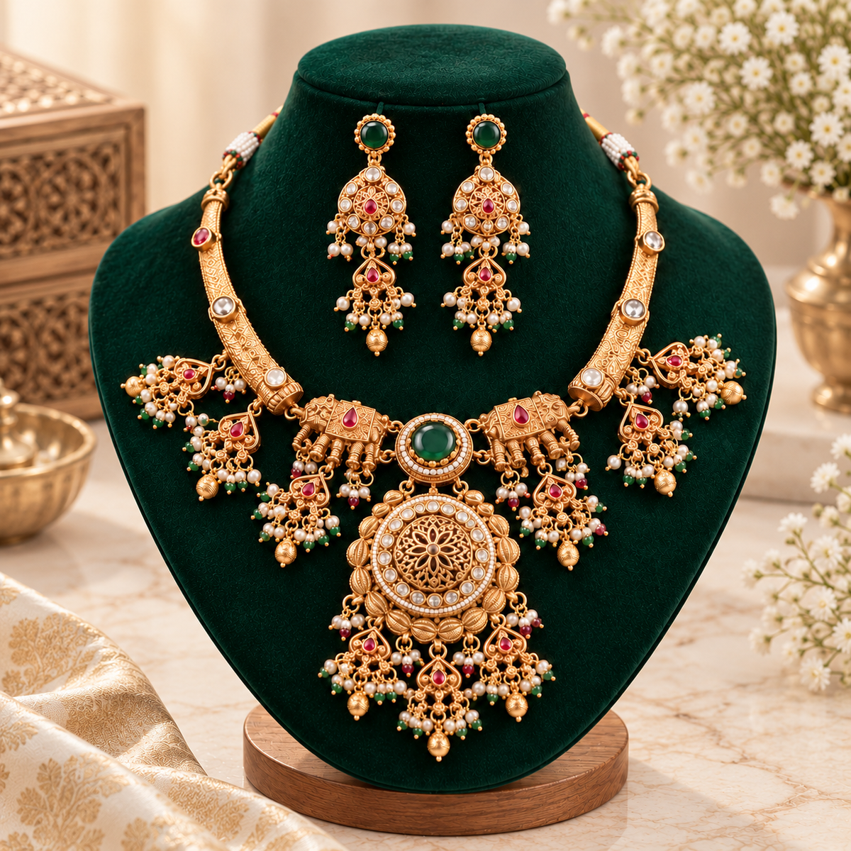 Emerald Heritage Antique Gold Temple Necklace Set - 06