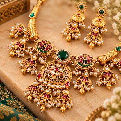 Emerald Royal Temple Gold Necklace Set-04