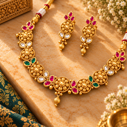 Floral Antique Gold Necklace Set