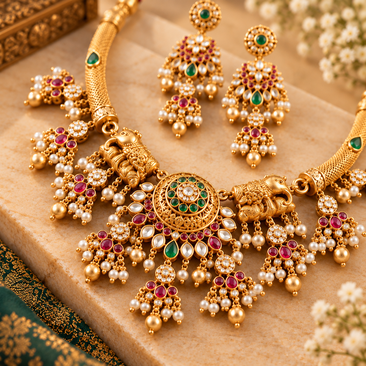 Antique Gold Temple Necklace Set with Ruby & Emerald Stones-03