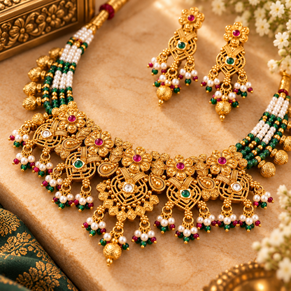 Gold Floral Beaded Necklace Set-10