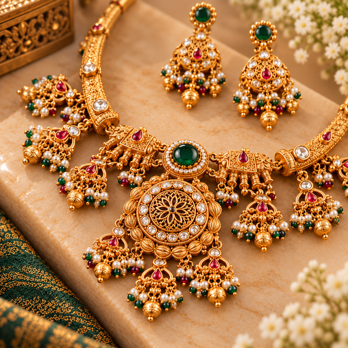 Emerald Heritage Antique Gold Temple Necklace Set - 06