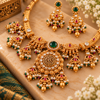 Emerald Heritage Antique Gold Temple Necklace Set - 06