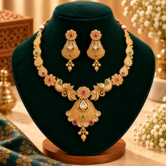 Peacock Motif Antique Gold Necklace Set