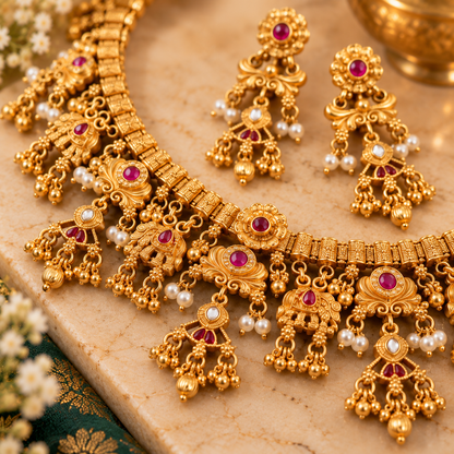 Royal Antique Gold Temple Necklace Set with Jhumka Earrings-02