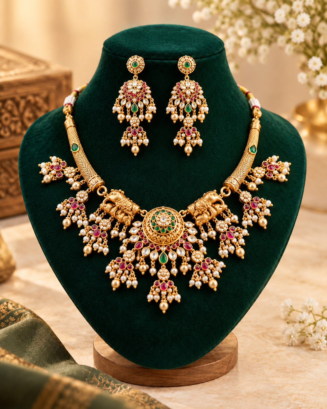 Antique Gold Temple Necklace Set with Ruby & Emerald Stones-03