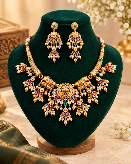 Antique Gold Temple Necklace Set with Ruby & Emerald Stones-03