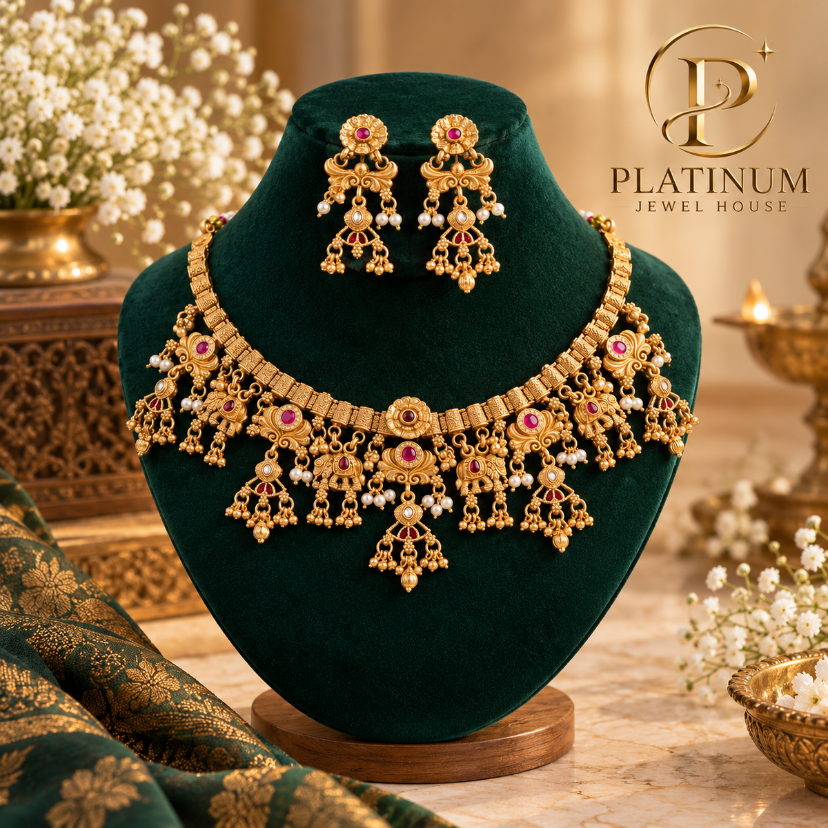 Royal Antique Gold Temple Necklace Set with Jhumka Earrings-02