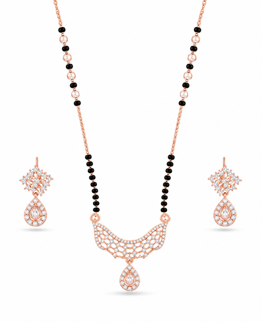 Rose Gold Floral Drop Mangalsutra Set with Earrings
