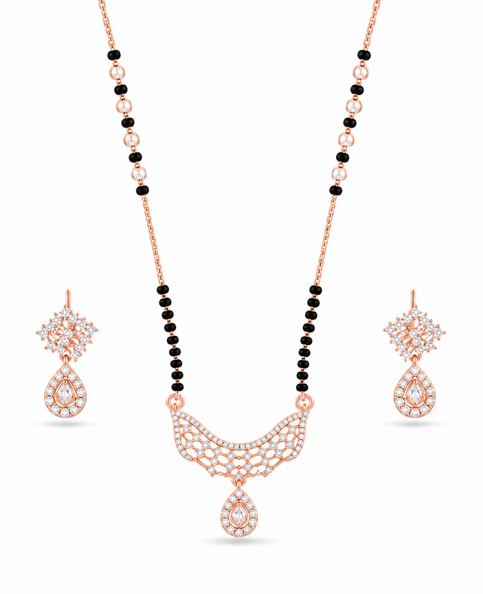 Rose Gold Floral Drop Mangalsutra Set with Earrings