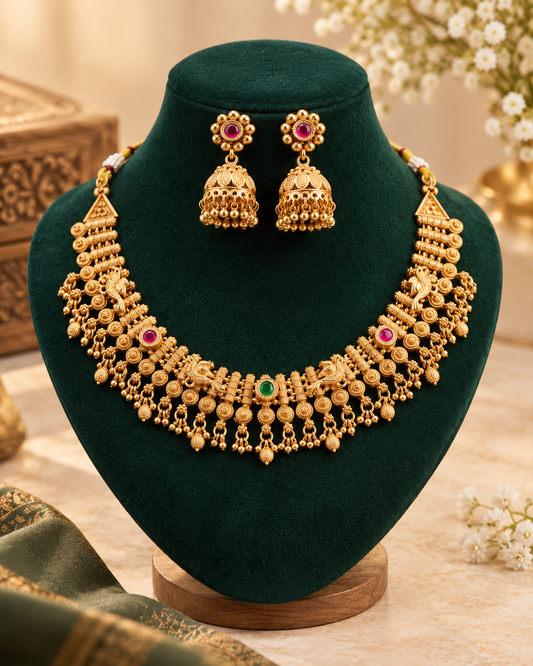 Royal Heritage Gold Plated Bridal Necklace & Jhumka Set - 01