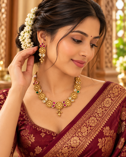 Floral Antique Gold Necklace Set