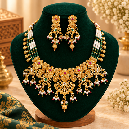 Gold Floral Beaded Necklace Set-10