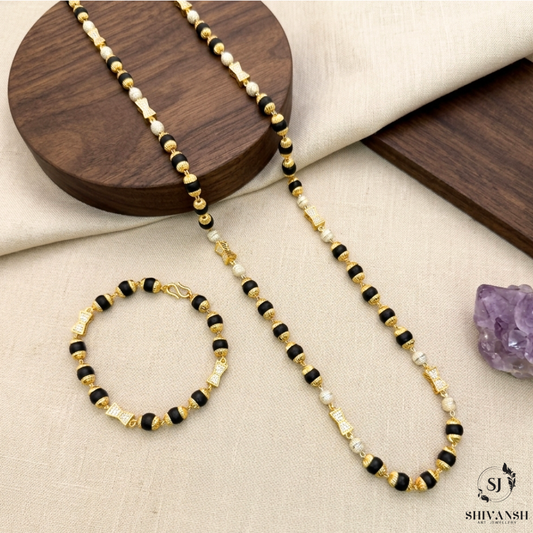 Gold Plated Diamond Beads Karungali Mala + Karungali Bracelet Combo MB-02