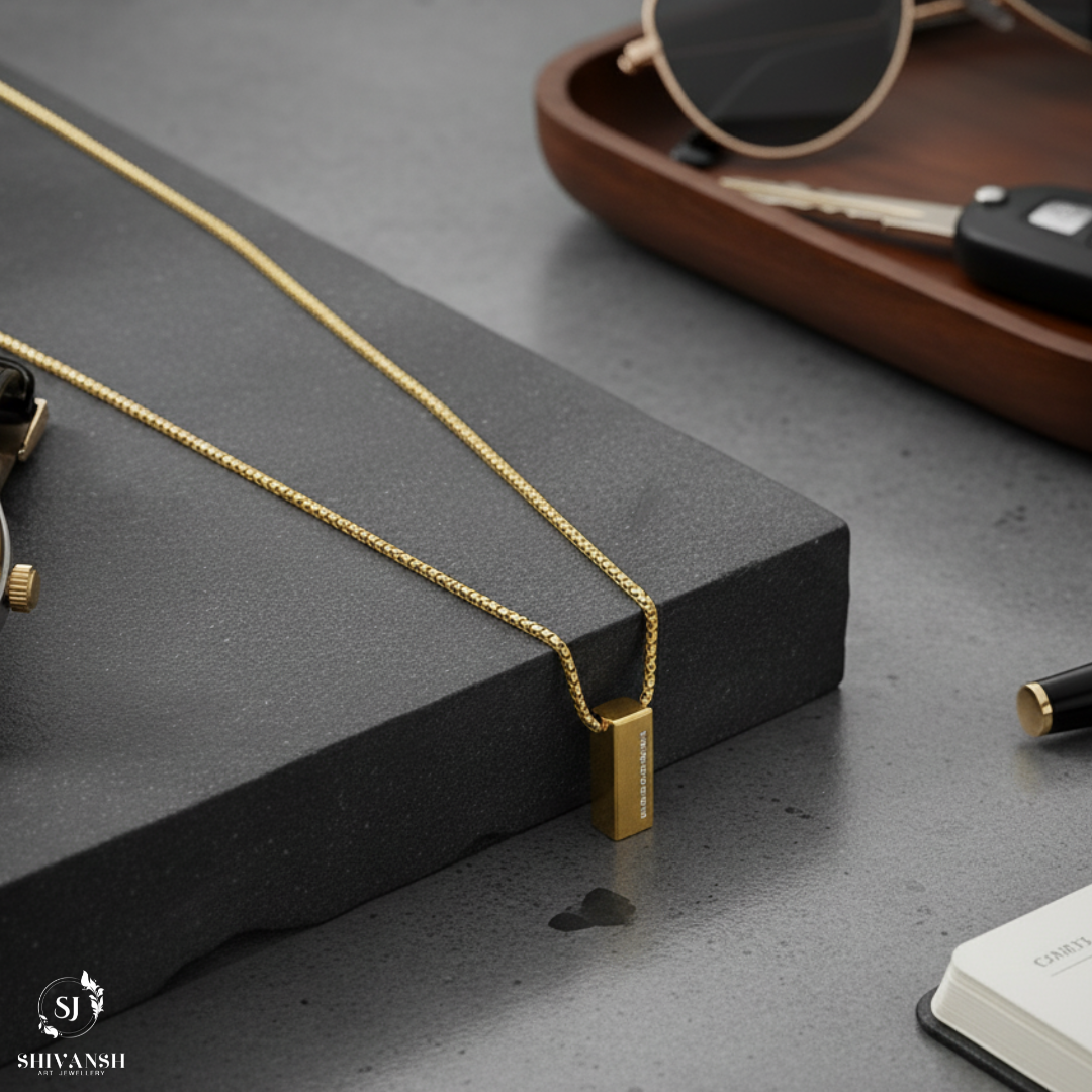Men’s Gold Plated Box Chain with Rectangular Pendant