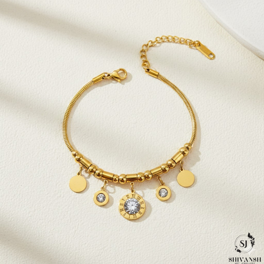 GOLD DANGLE CHARM BRACELET WITH CRYSTALS