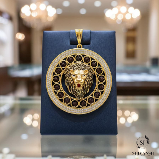 Royal Lion Gold Plated Pendant with Diamond & Rudraksha Beads