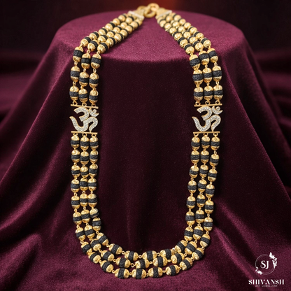 Three Line Designer Gold Plated Rudraksha Mala with Om Pices
