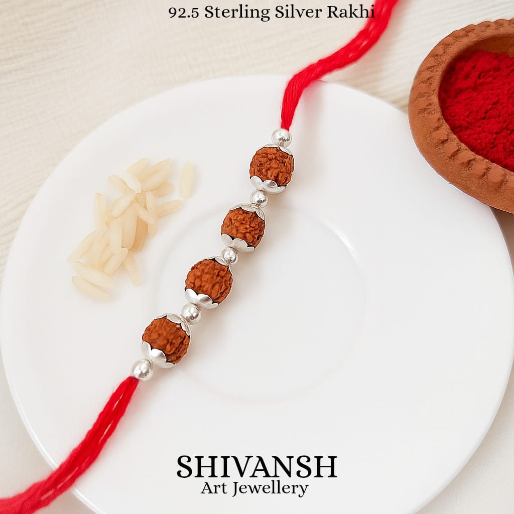 Four  Rudraksha 92.5 Sterling Silver Rakhi