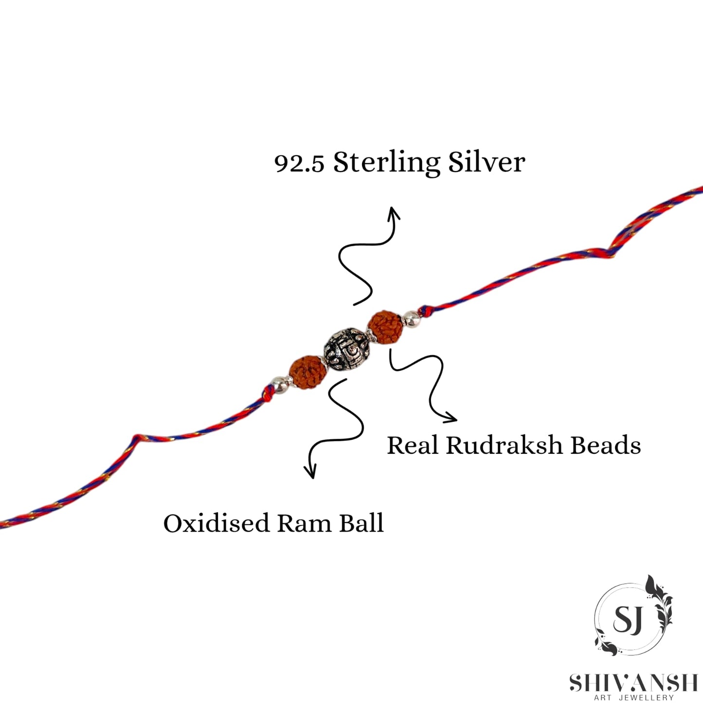 92.5 Sterling Silver Oxidised Ram Ball Rudraksha Rakhi