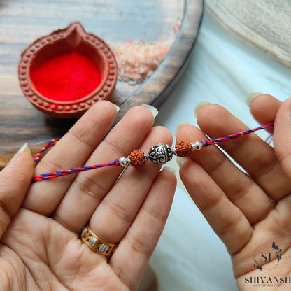 92.5 Sterling Silver Oxidised Ram Ball Rudraksha Rakhi
