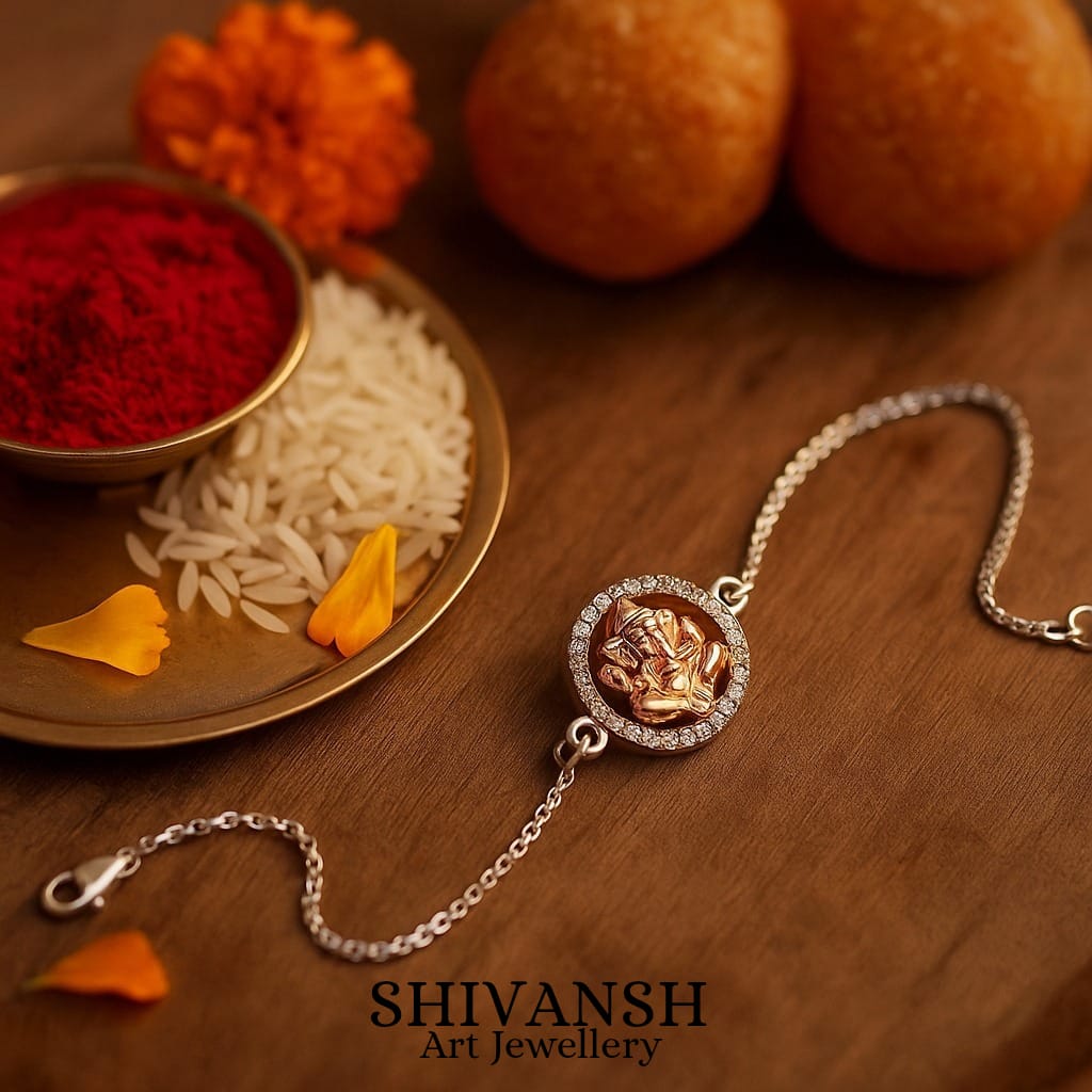 92.5 Sterling Silver Diamond Ring Ganpati Rakhi