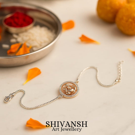 92.5 Sterling Silver Diamond Ring Ganpati Rakhi