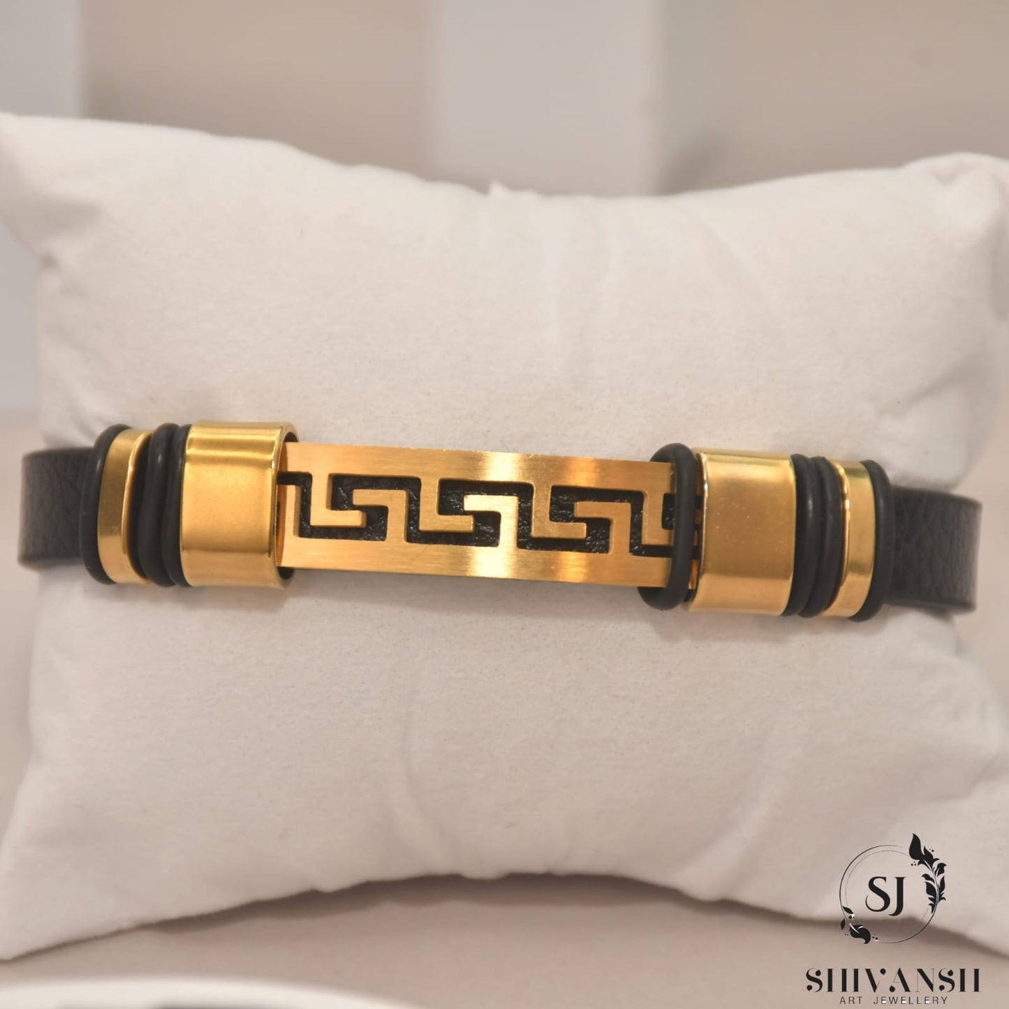 Men’s Black Leather Bracelet with Gold Greek Key Design – Stylish & Durable