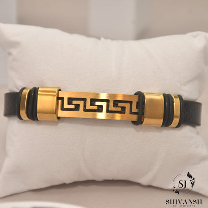 Men’s Black Leather Bracelet with Gold Greek Key Design – Stylish & Durable