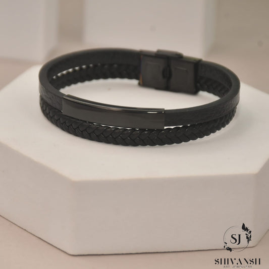 Men’s Double Layer Black Braided Leather Bracelet