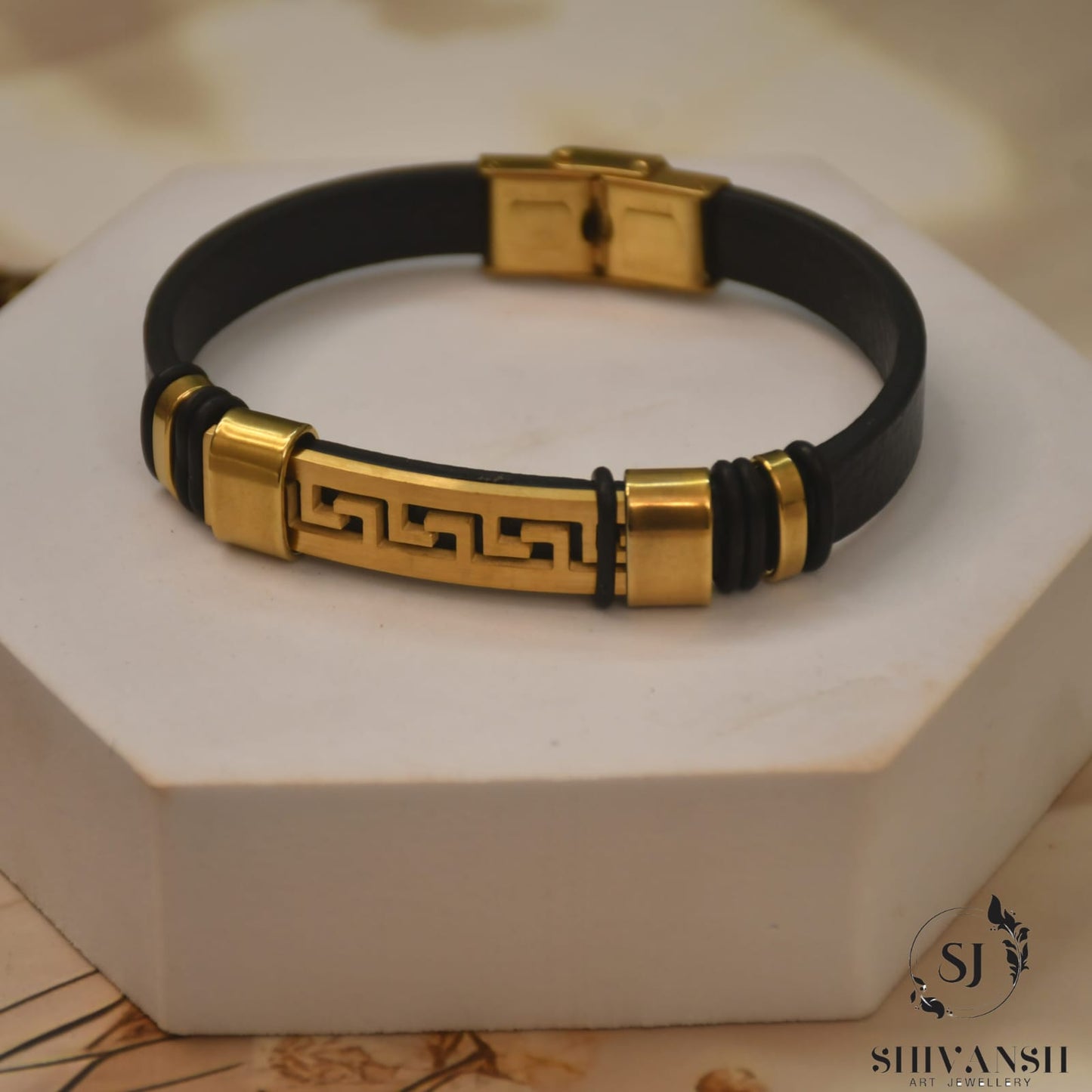 Men’s Black Leather Bracelet with Gold Greek Key Design – Stylish & Durable