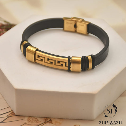 Men’s Black Leather Bracelet with Gold Greek Key Design – Stylish & Durable
