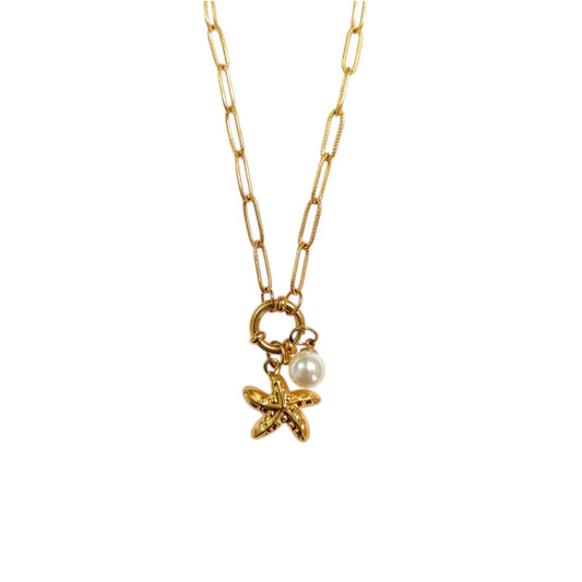 GOLD STARFISH PENDENT NECKLACE WITH PEARL